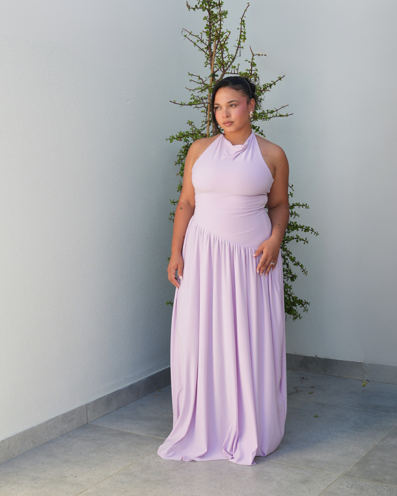 Light Lilac Halter Dress with Dropped Asymmetrical Waistline