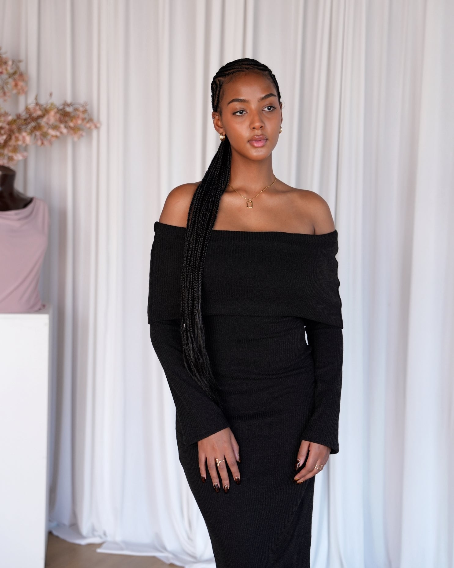 S | Charcoal Knit Off-Shoulder Dress