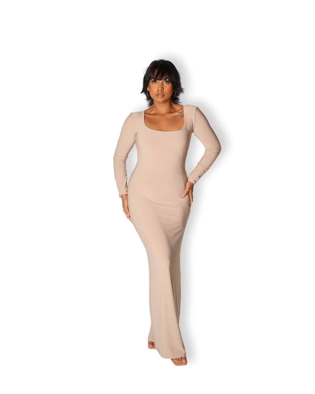 Tan Long-sleeved Sculpted Dress