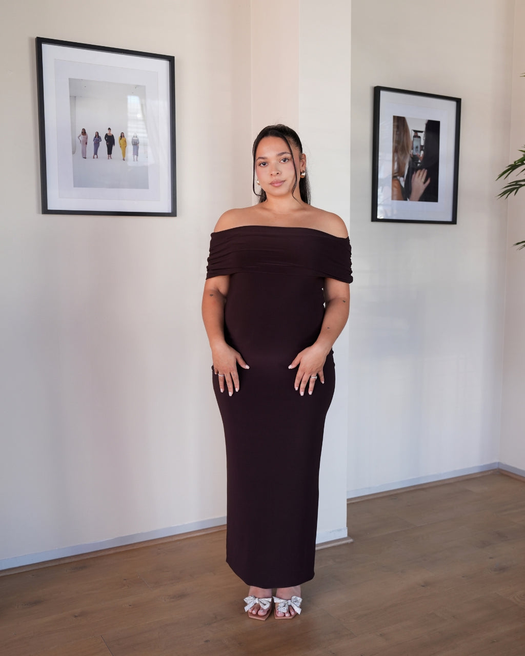 Chocolate Brown Off-shoulder Bardot Sculpted Dress