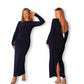 Navy Blue Crew-Neck Sculpted Dress with Long Sleeves