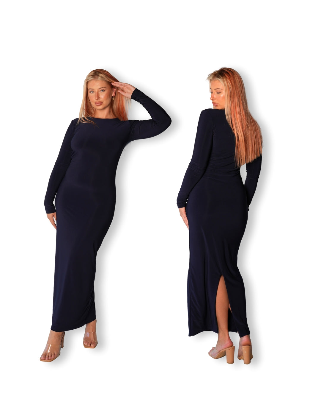 Navy Blue Crew-Neck Sculpted Dress with Long Sleeves