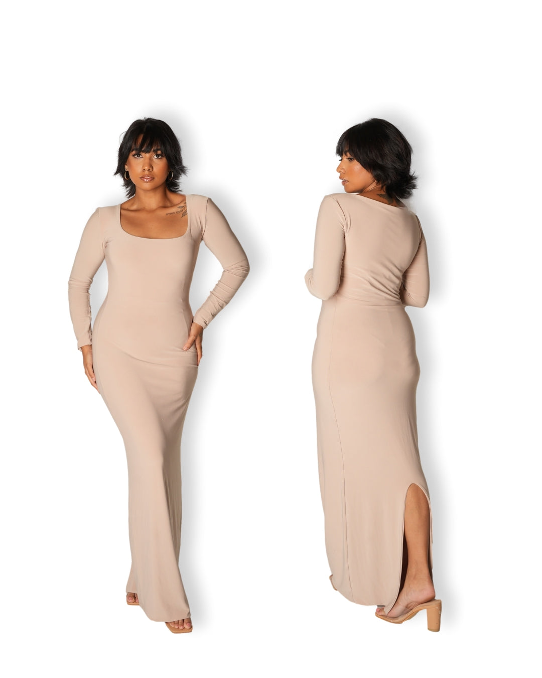 Tan Long-sleeved Sculpted Dress