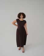 Chocolate Brown Cowl Neck Drop Waist Midi Dress