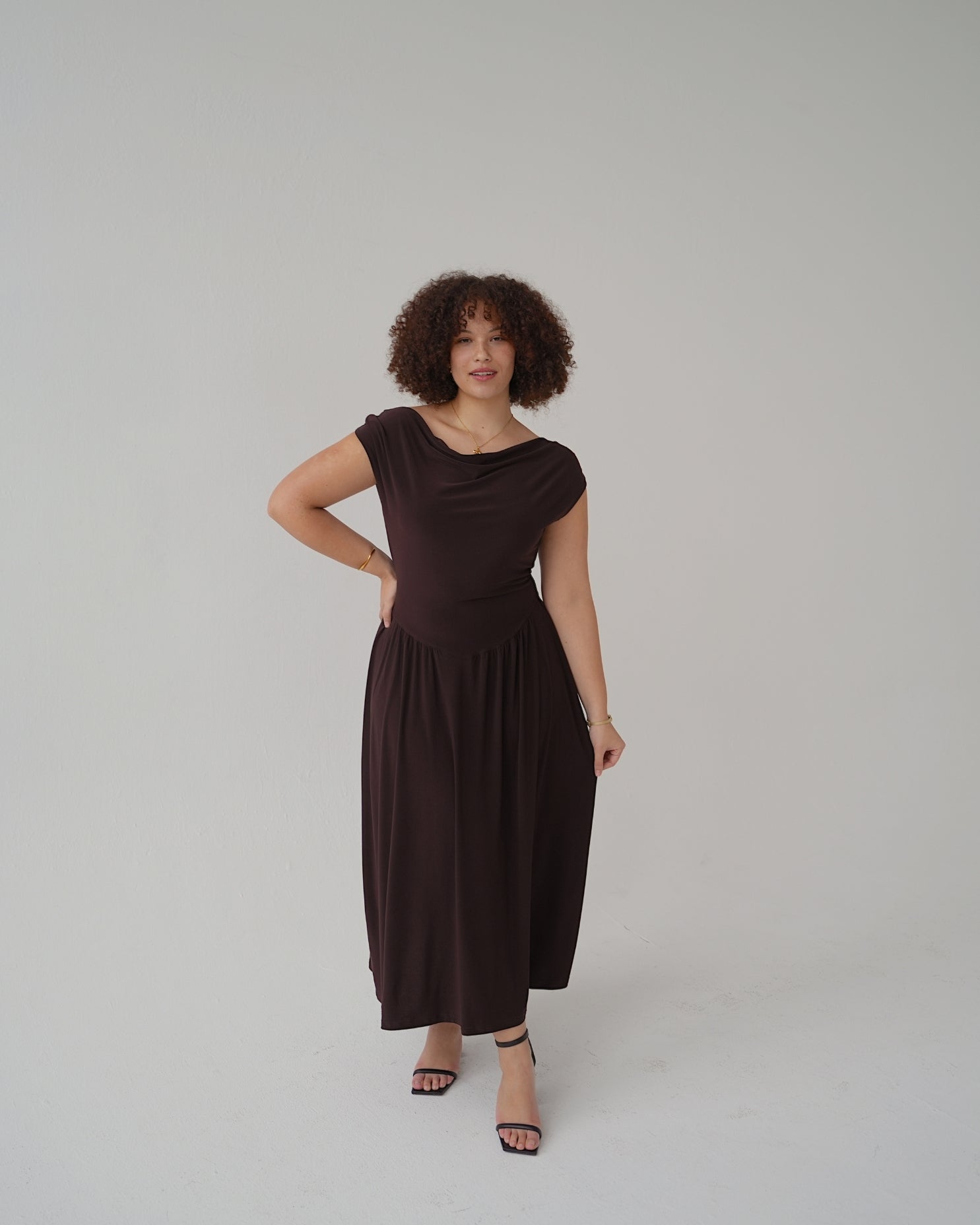 Chocolate Brown Cowl Neck Drop Waist Midi Dress