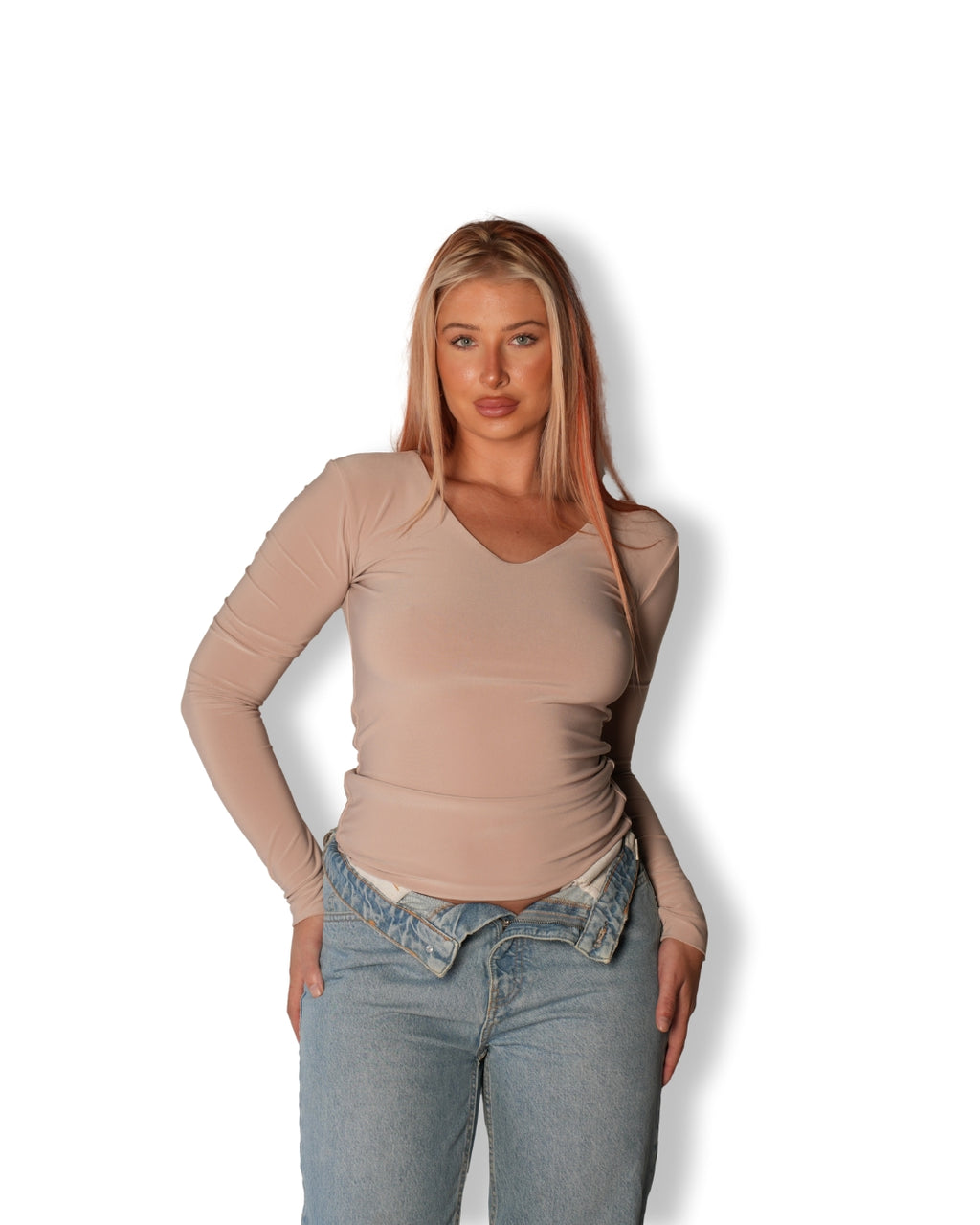 Tan V-Neck Long Sleeved Top