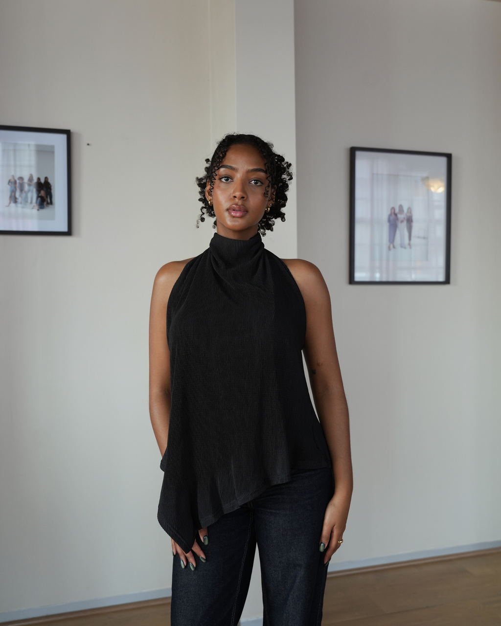 Black Pleated Halter Neck Top