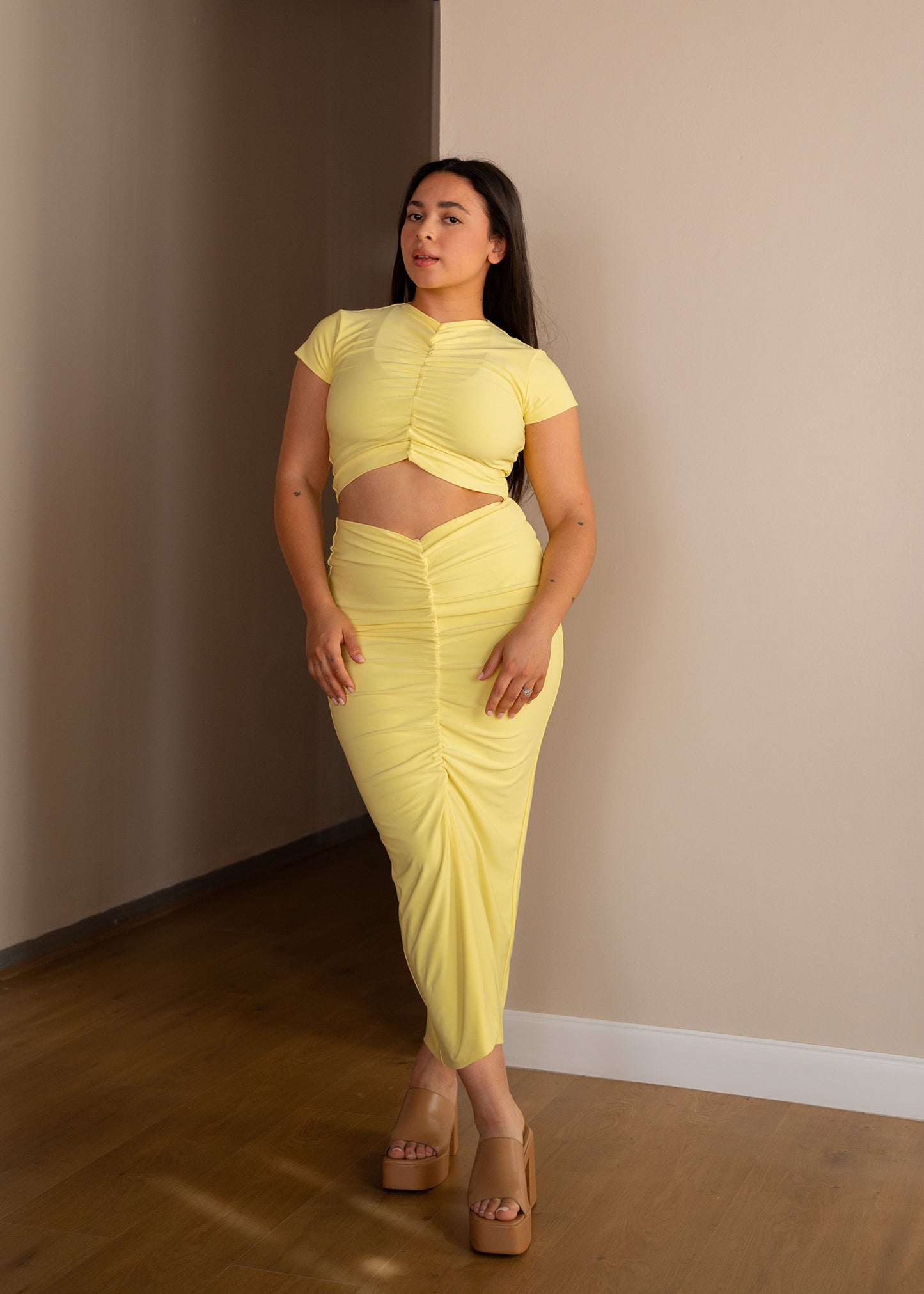 Pastel Yellow Slit Skirt with Ruched Detail