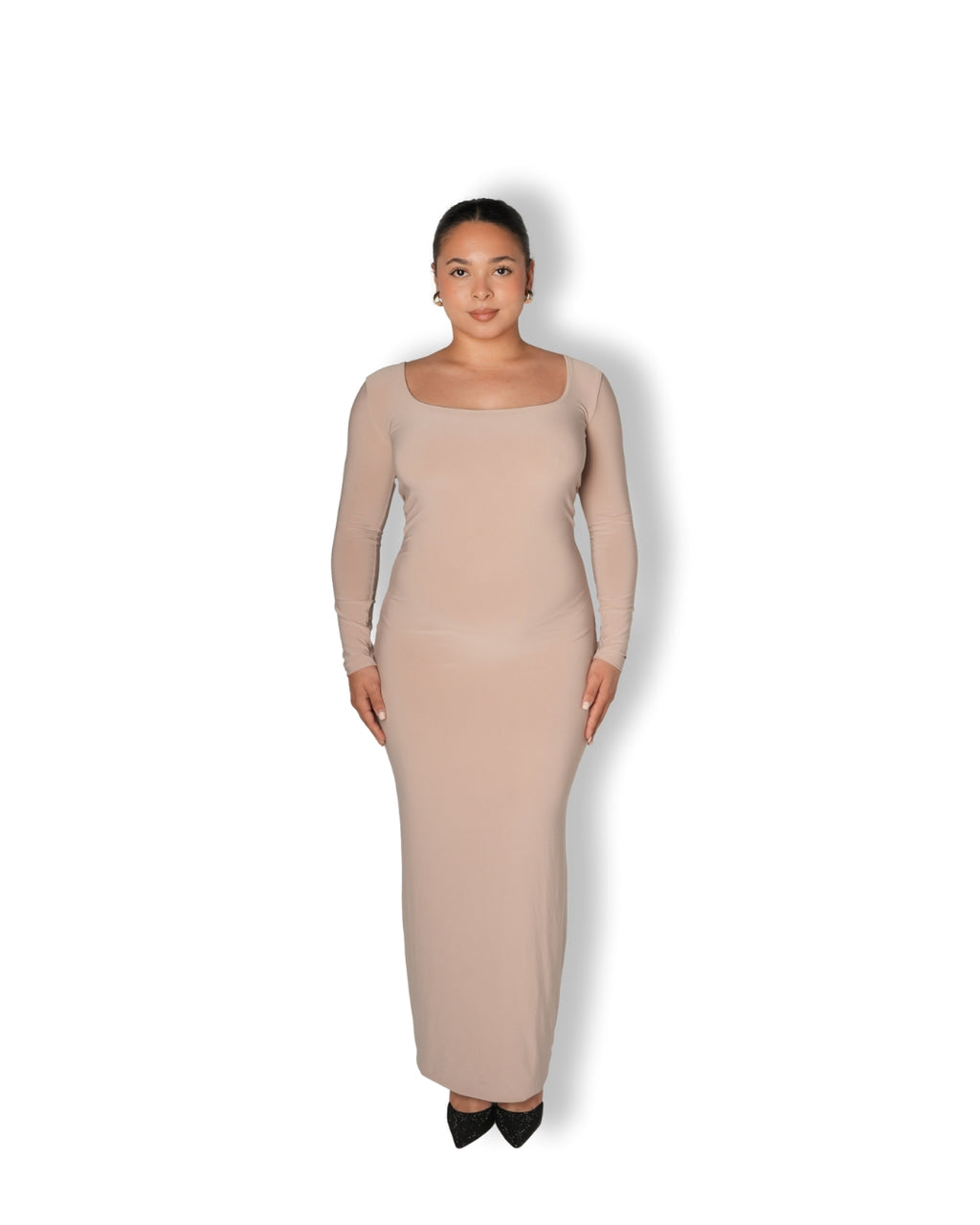 Tan Long-sleeved Sculpted Dress