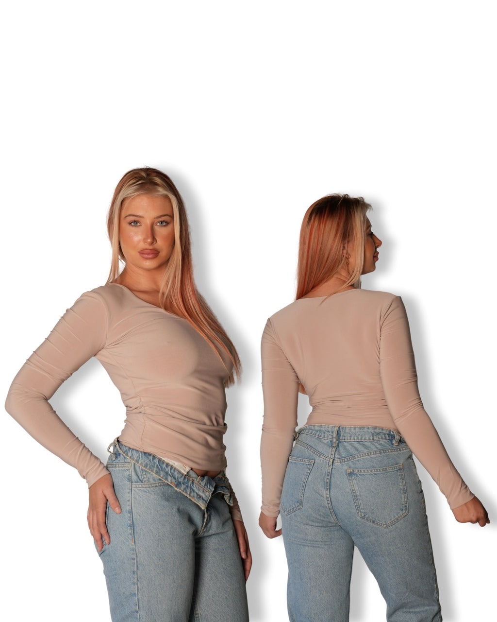 Tan V-Neck Long Sleeved Top