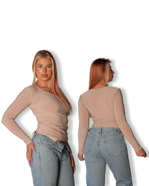 2XL | Tan V-Neck Long Sleeved Top