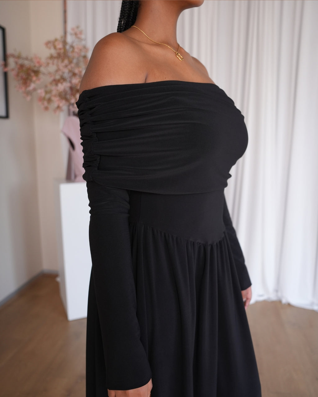 Black Long Sleeved Off-Shoulder Drop Waist Dress