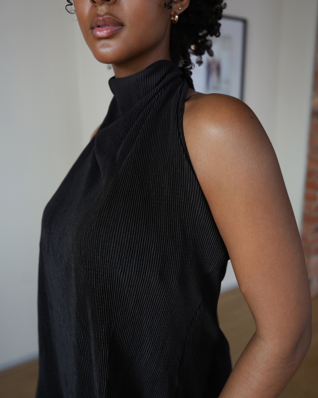 Black Pleated Halter Neck Top
