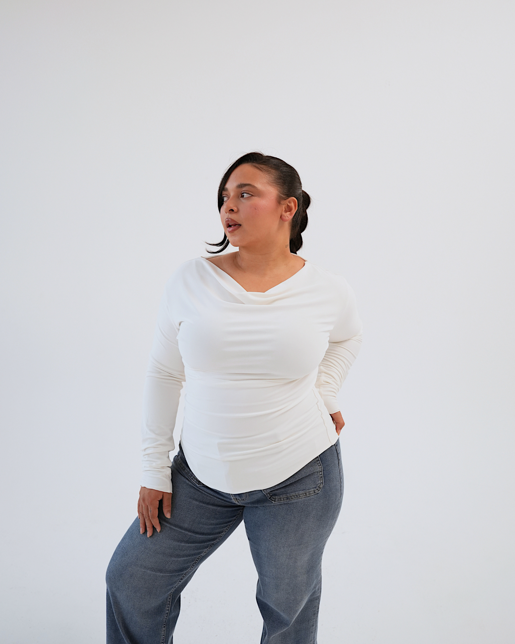 Cream Long Sleeved Cowl Neck Top