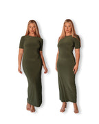 Khaki Crew-Neck Sculpted Dress with Short Sleeves