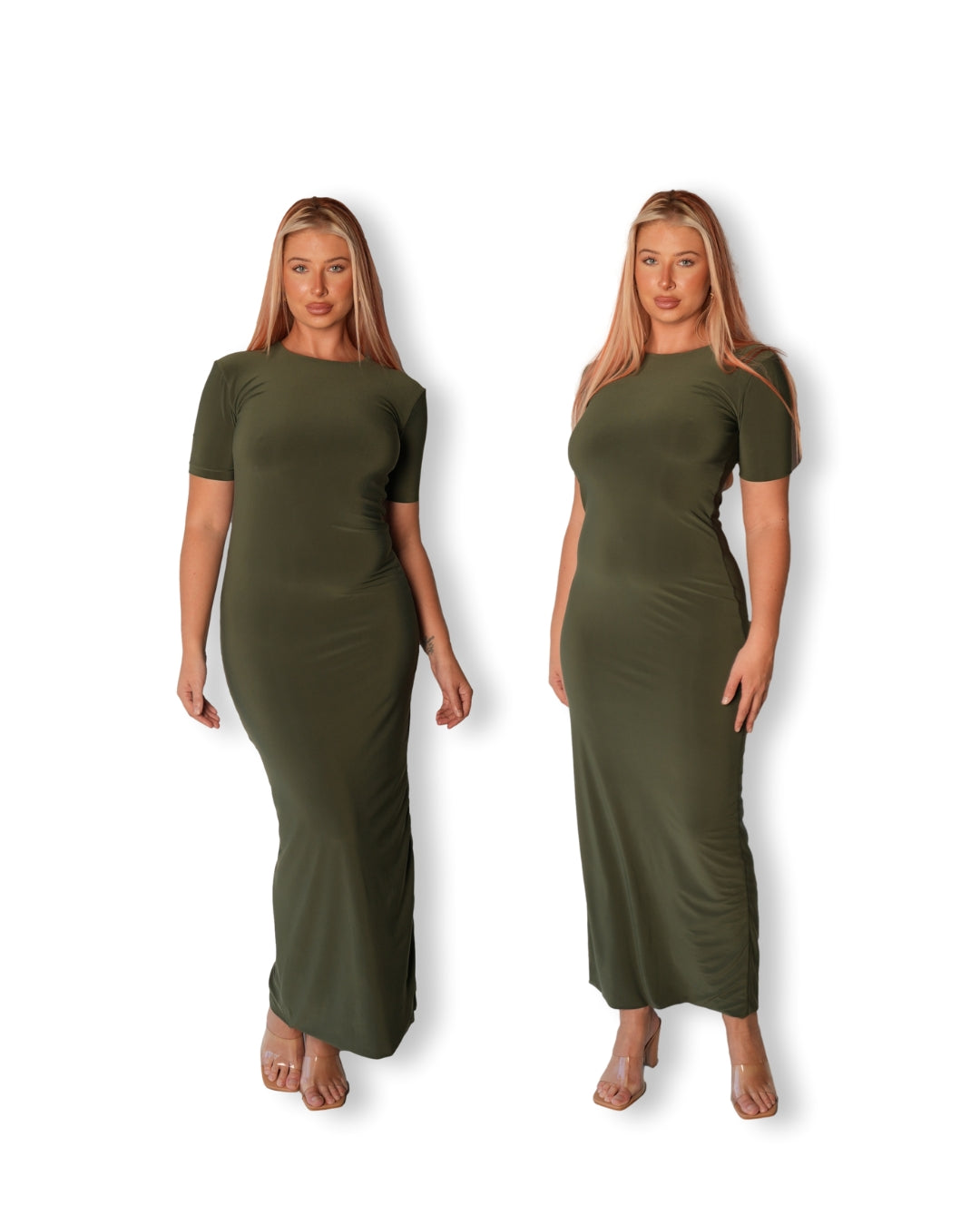 Khaki Crew-Neck Sculpted Dress with Short Sleeves