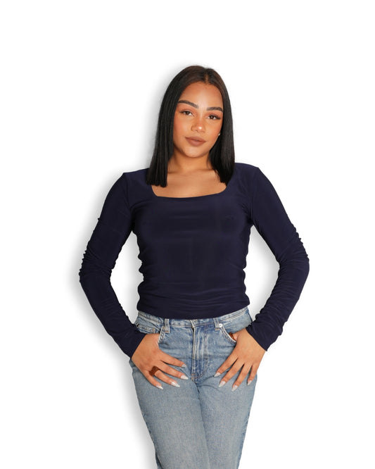 Navy Blue Square Neck Long Sleeved Top