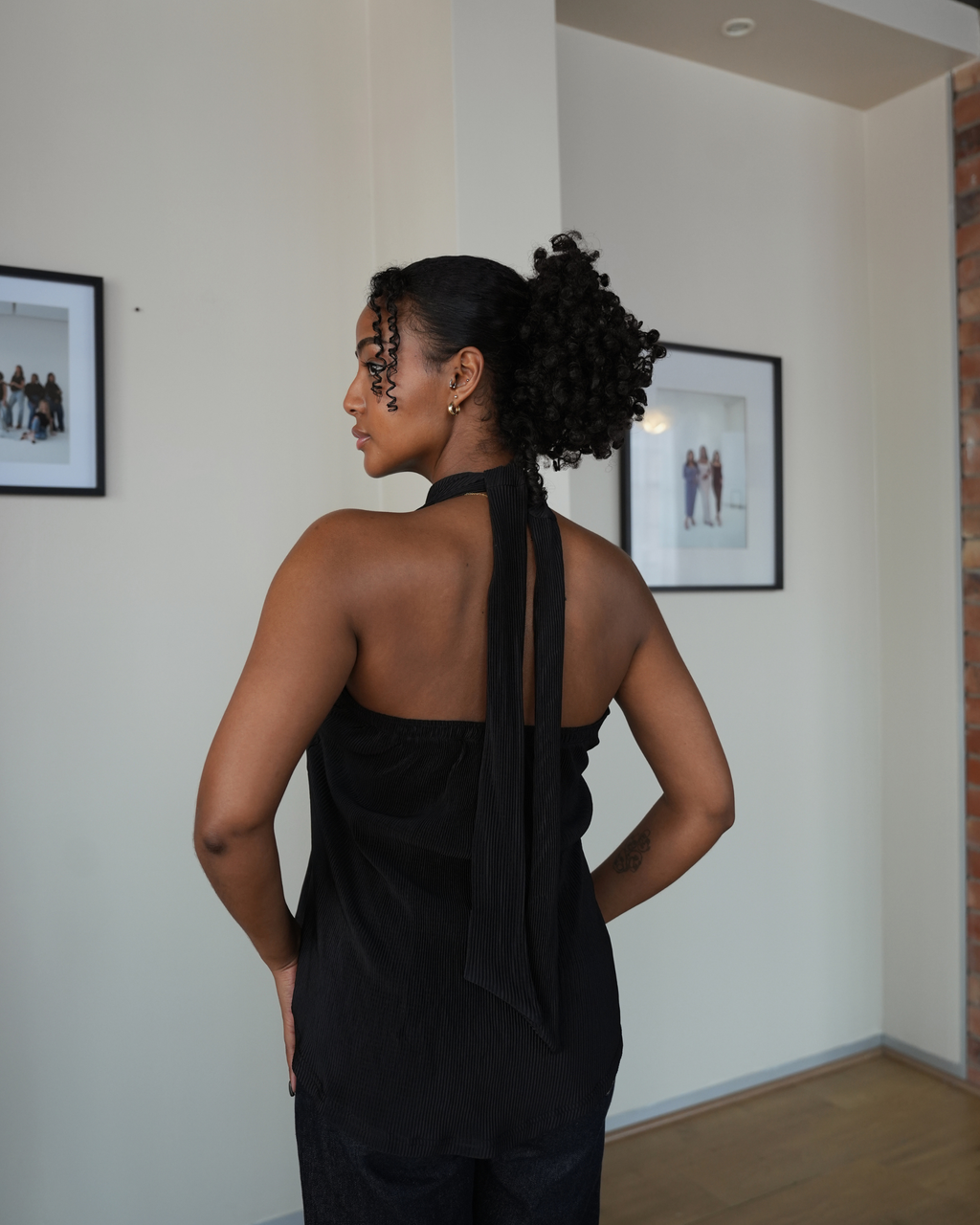 Black Pleated Halter Neck Top