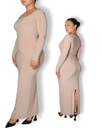 Tan Long-sleeved Sculpted Dress
