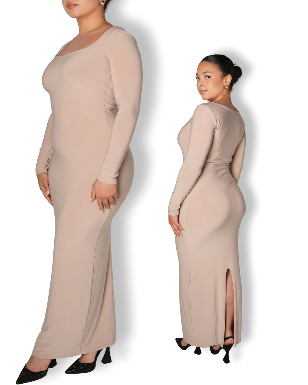Tan Long-sleeved Sculpted Dress