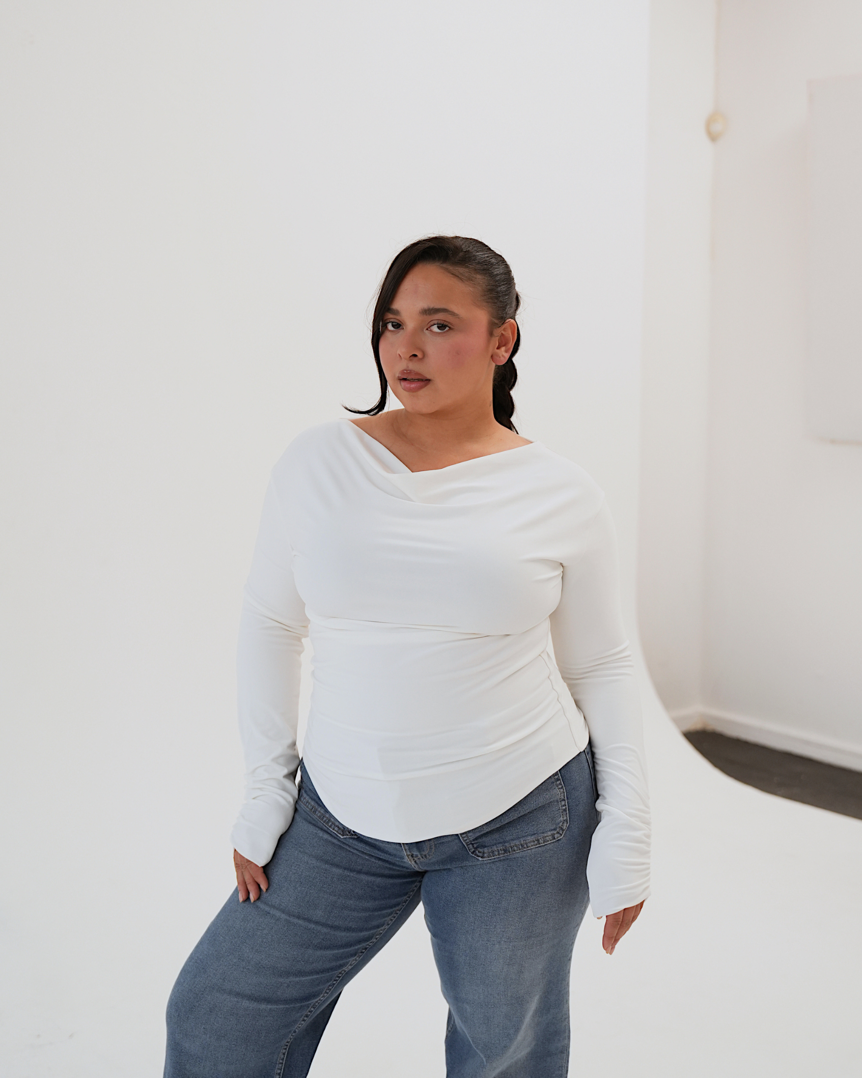 Cream Long Sleeved Cowl Neck Top