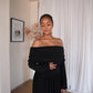 Black Long Sleeved Off-Shoulder Drop Waist Dress