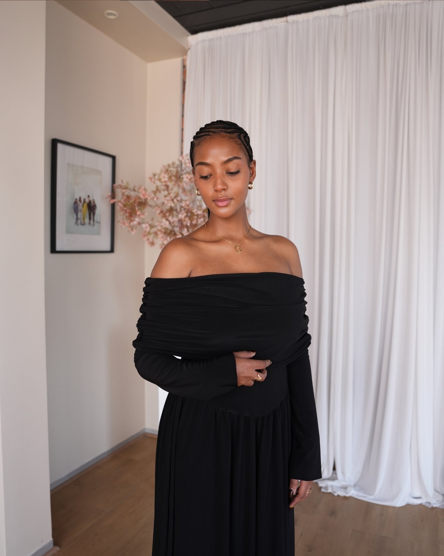 Black Long Sleeved Off-Shoulder Drop Waist Dress