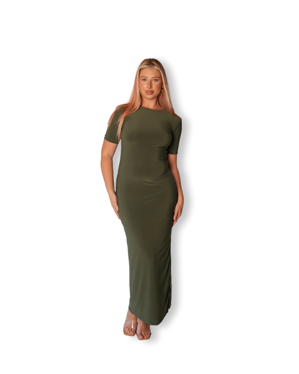 Khaki Crew-Neck Sculpted Dress with Short Sleeves