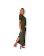 Khaki Crew-Neck Sculpted Dress with Short Sleeves