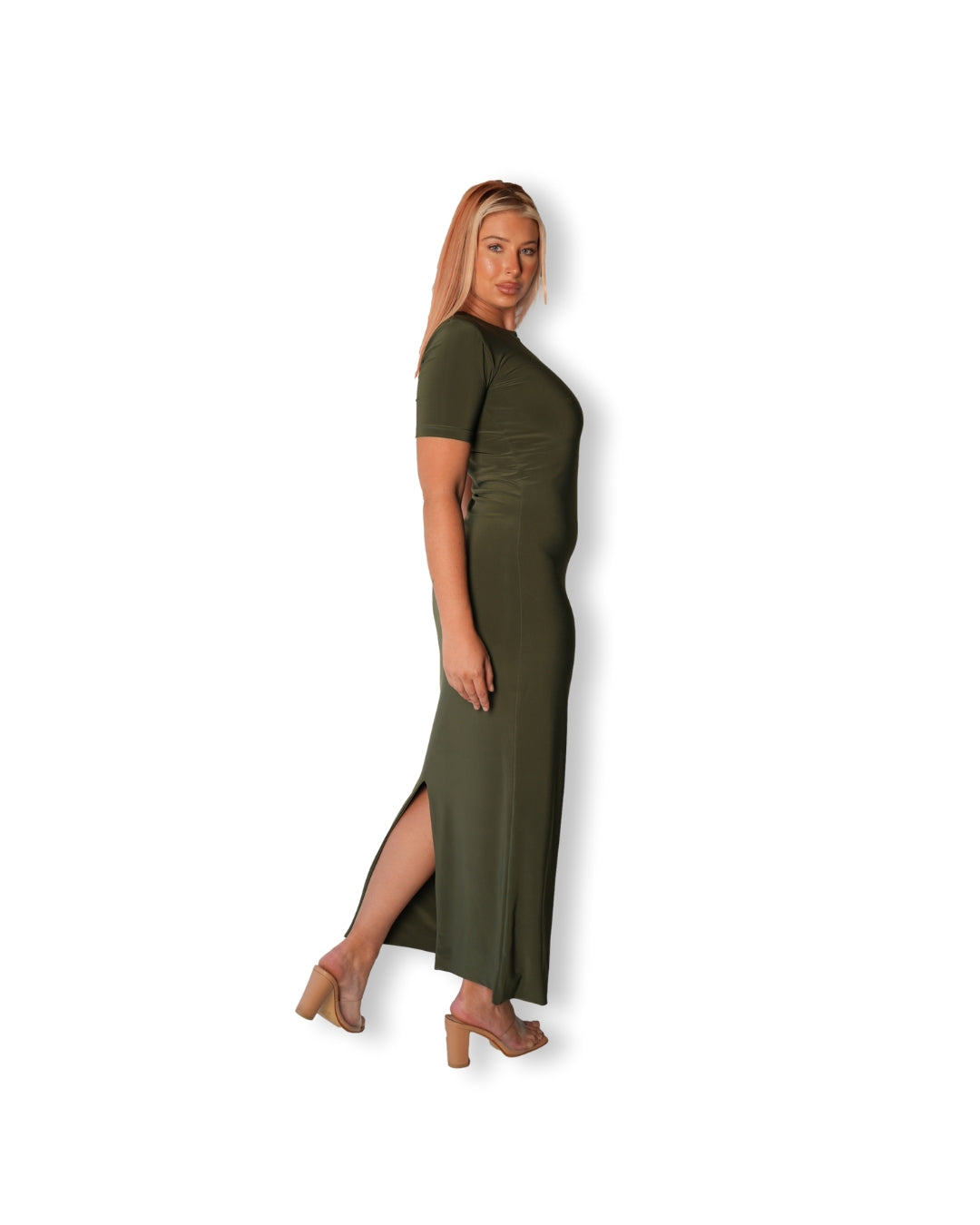 Khaki Crew-Neck Sculpted Dress with Short Sleeves