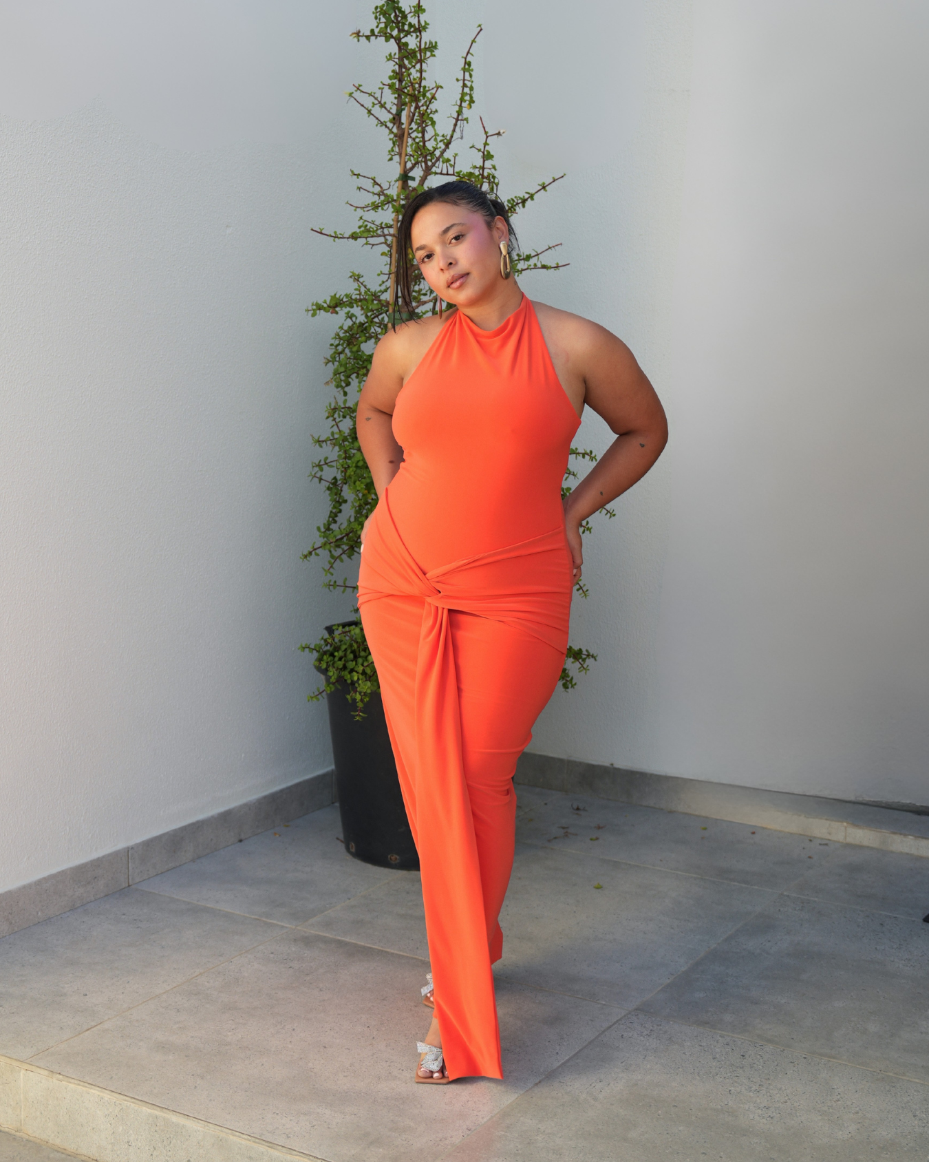 Orange Halter Dress with Tie Detail