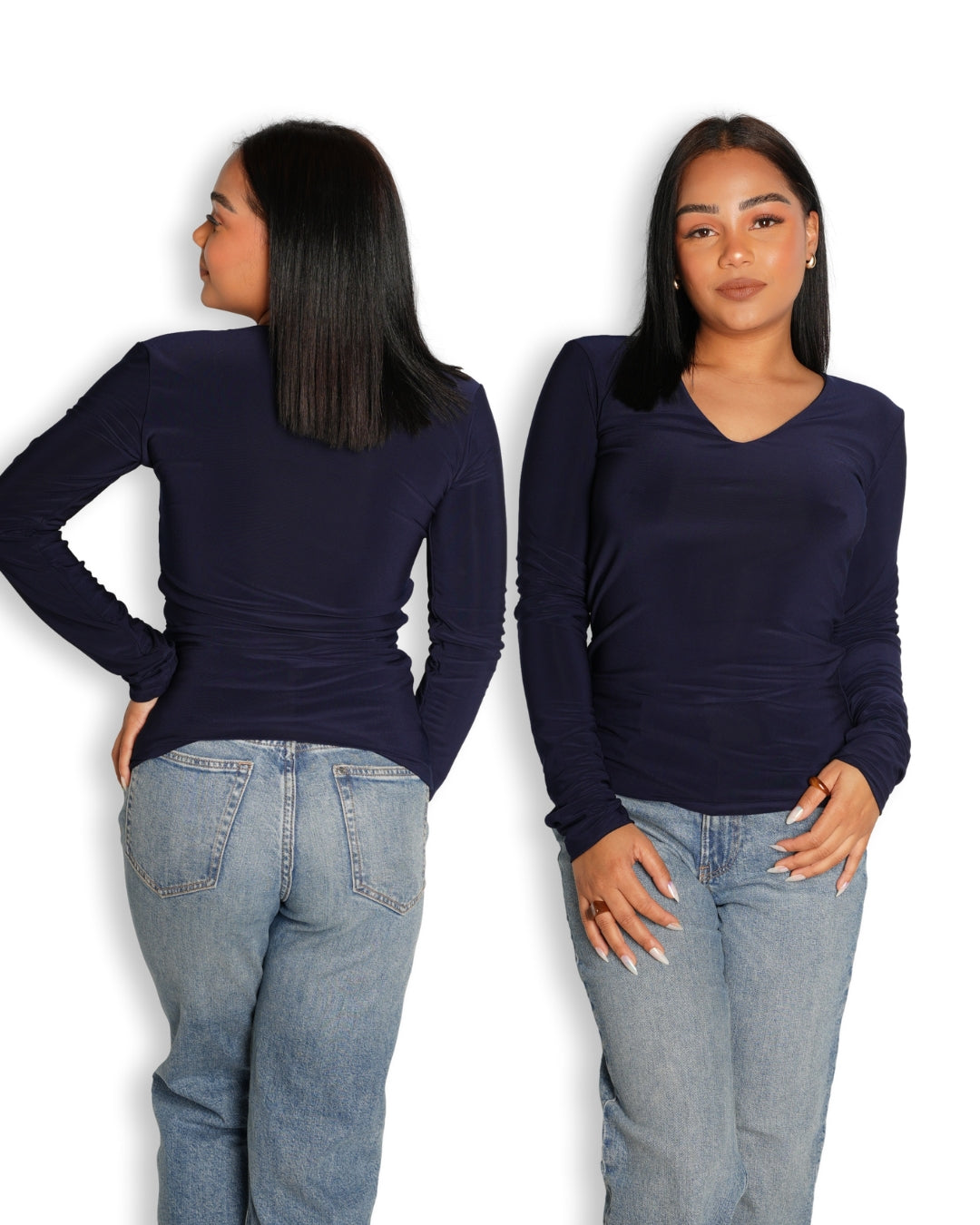 S | Navy Blue V-Neck Long Sleeved Top