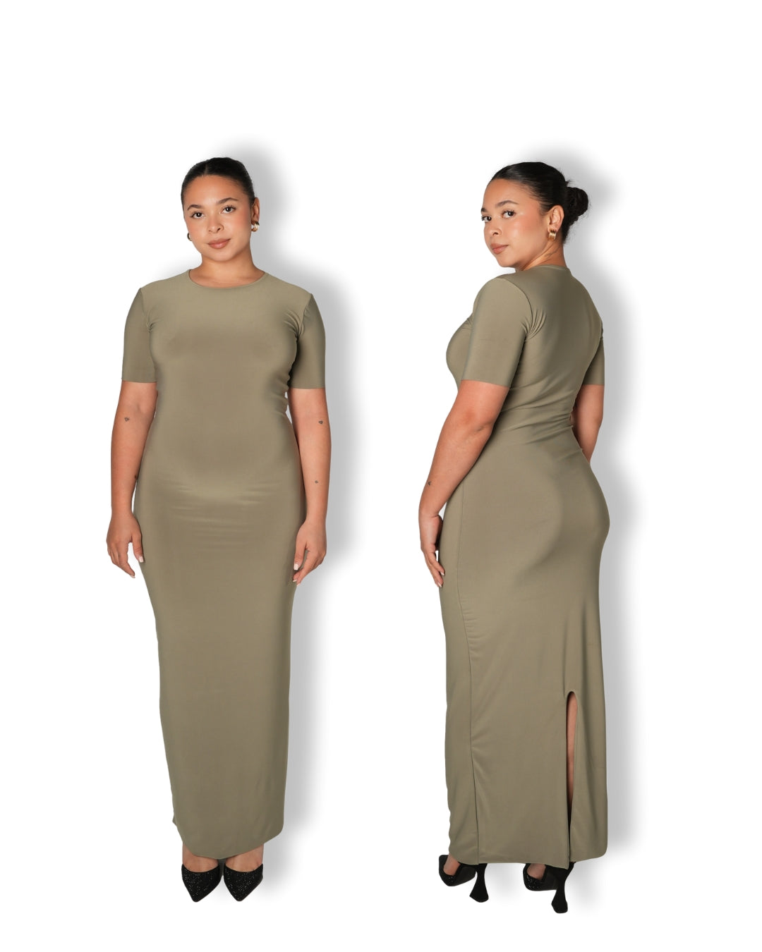 Sage Crew-Neck Sculpted Dress with Short Sleeves