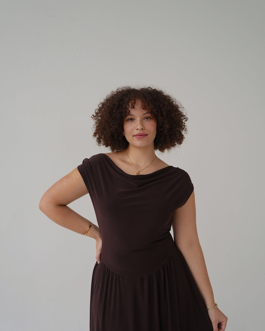 Chocolate Brown Cowl Neck Drop Waist Midi Dress