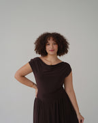 Chocolate Brown Cowl Neck Drop Waist Midi Dress