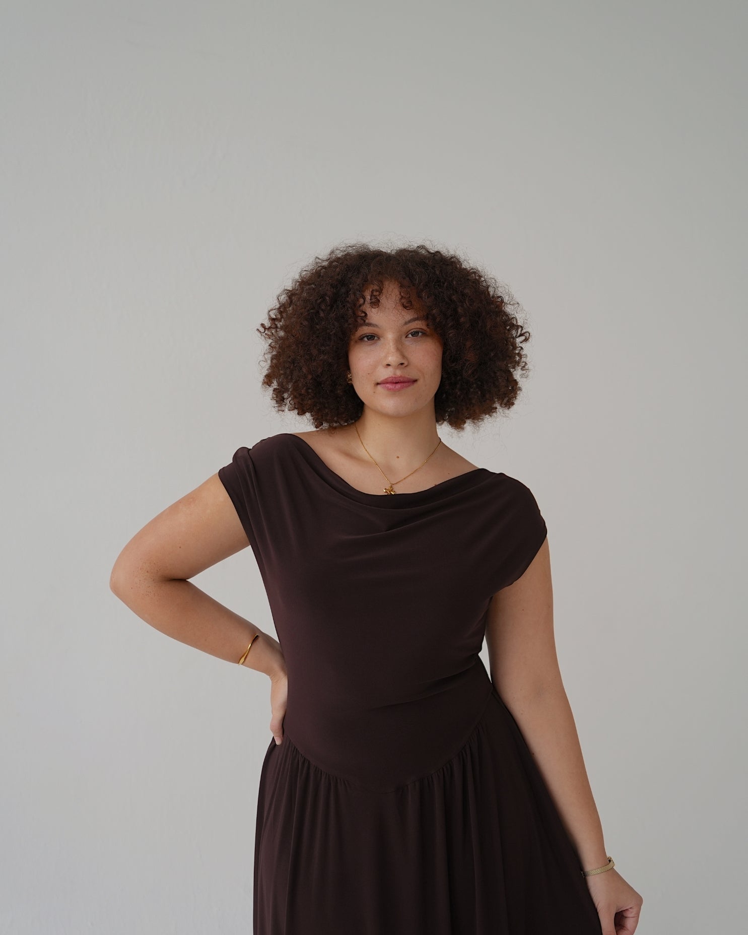 Chocolate Brown Cowl Neck Drop Waist Midi Dress