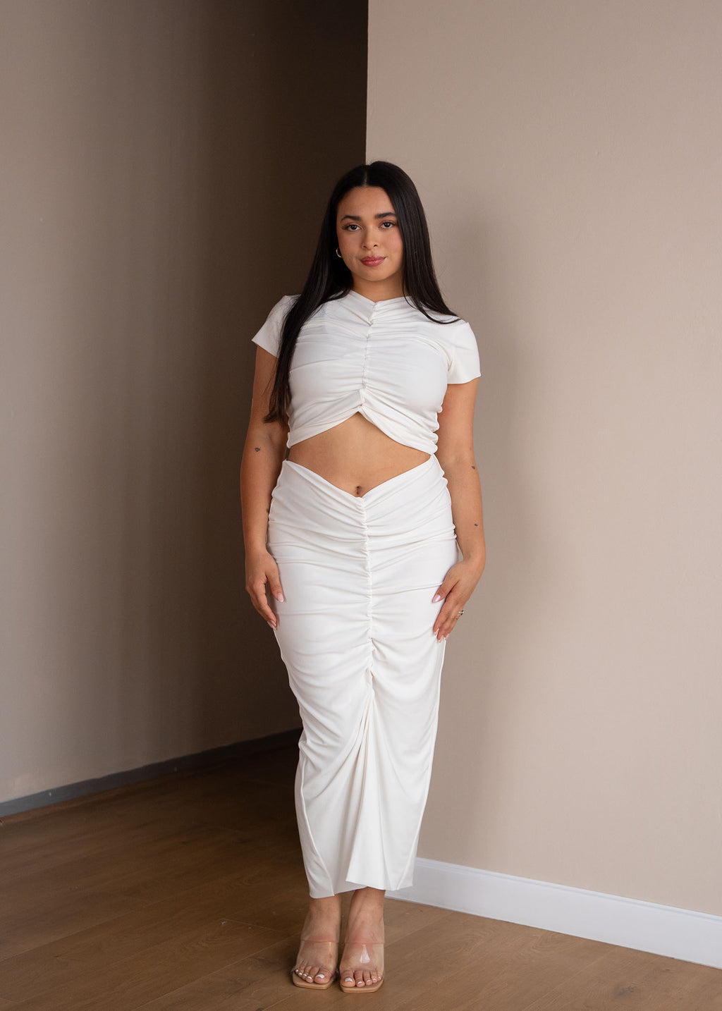 Cream Slit Skirt with Ruched Detail