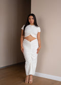 Cream Slit Skirt with Ruched Detail