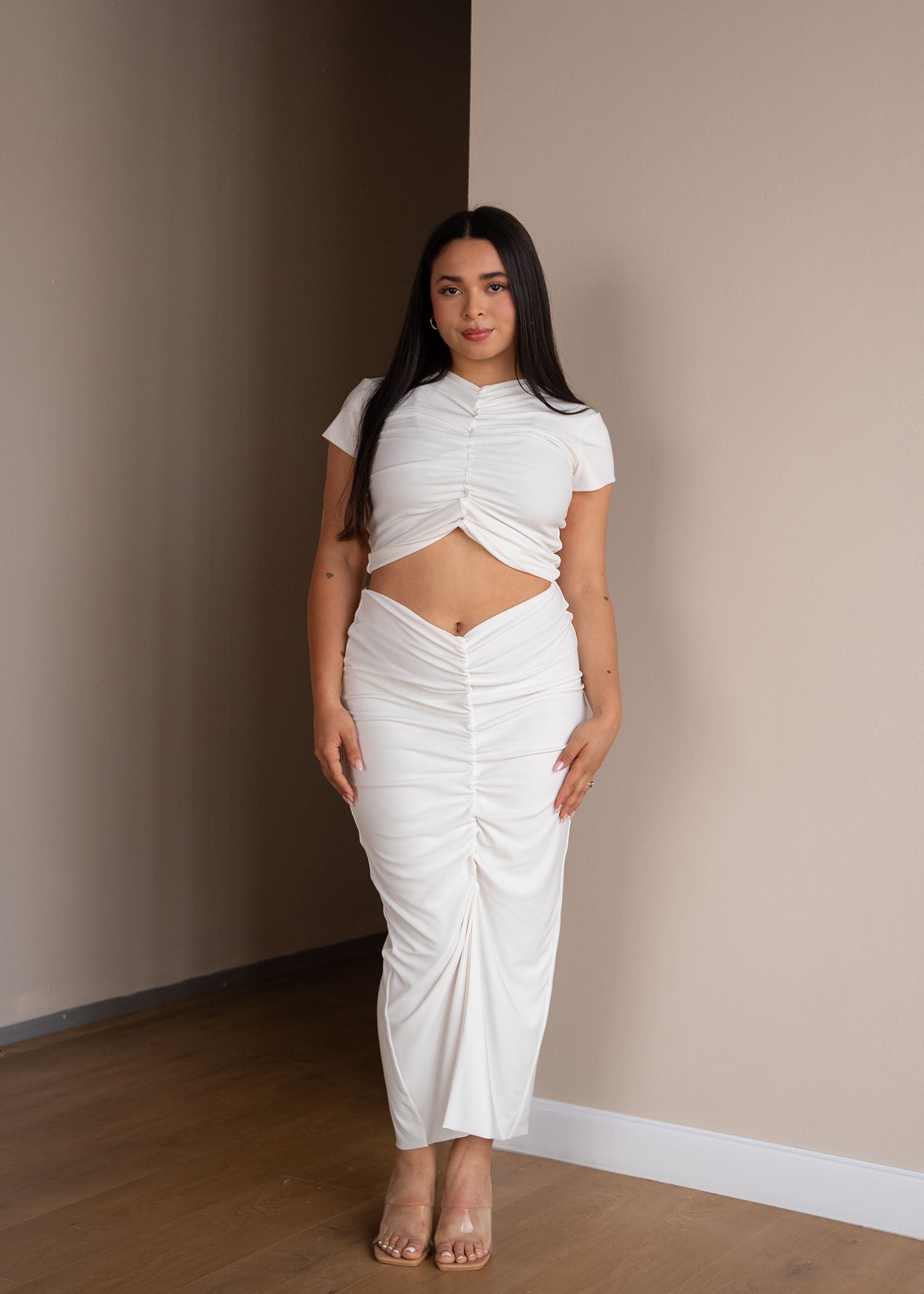 Cream Slit Skirt with Ruched Detail