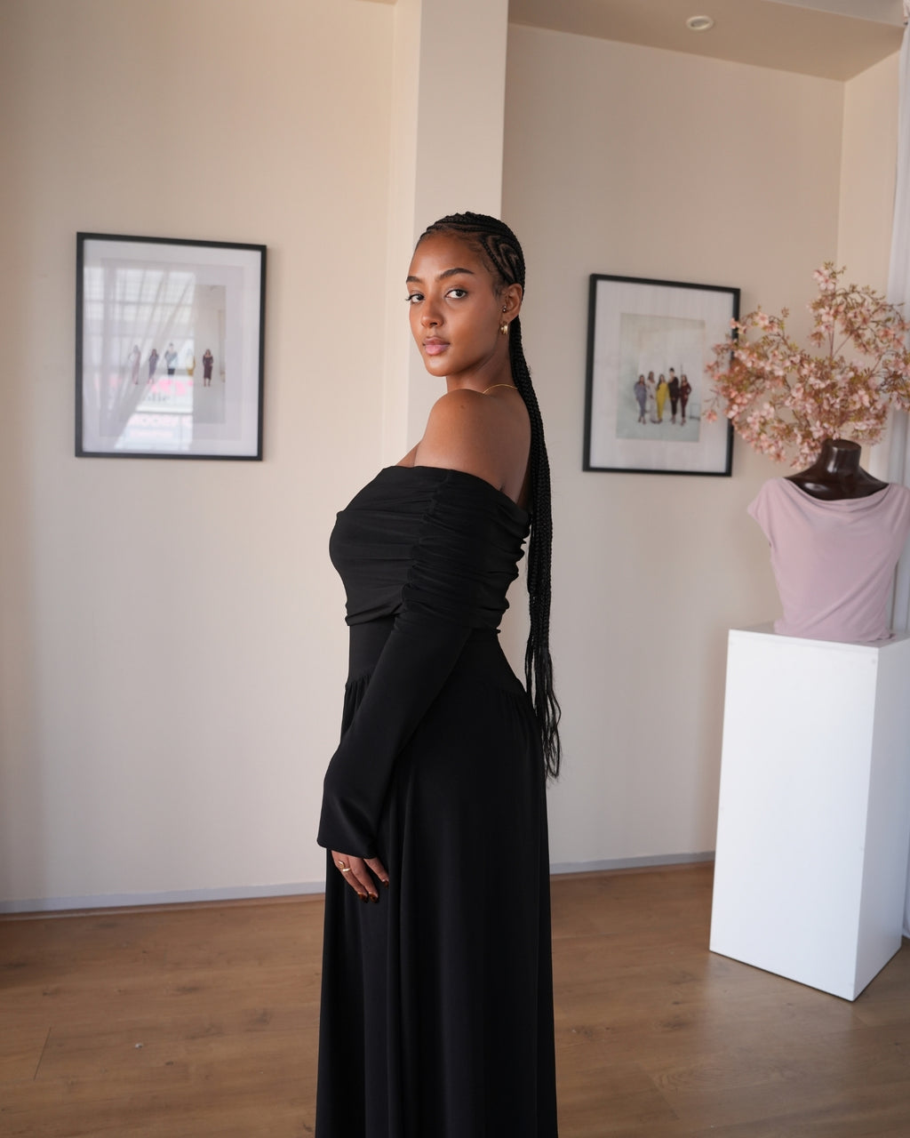 Black Long Sleeved Off-Shoulder Drop Waist Dress