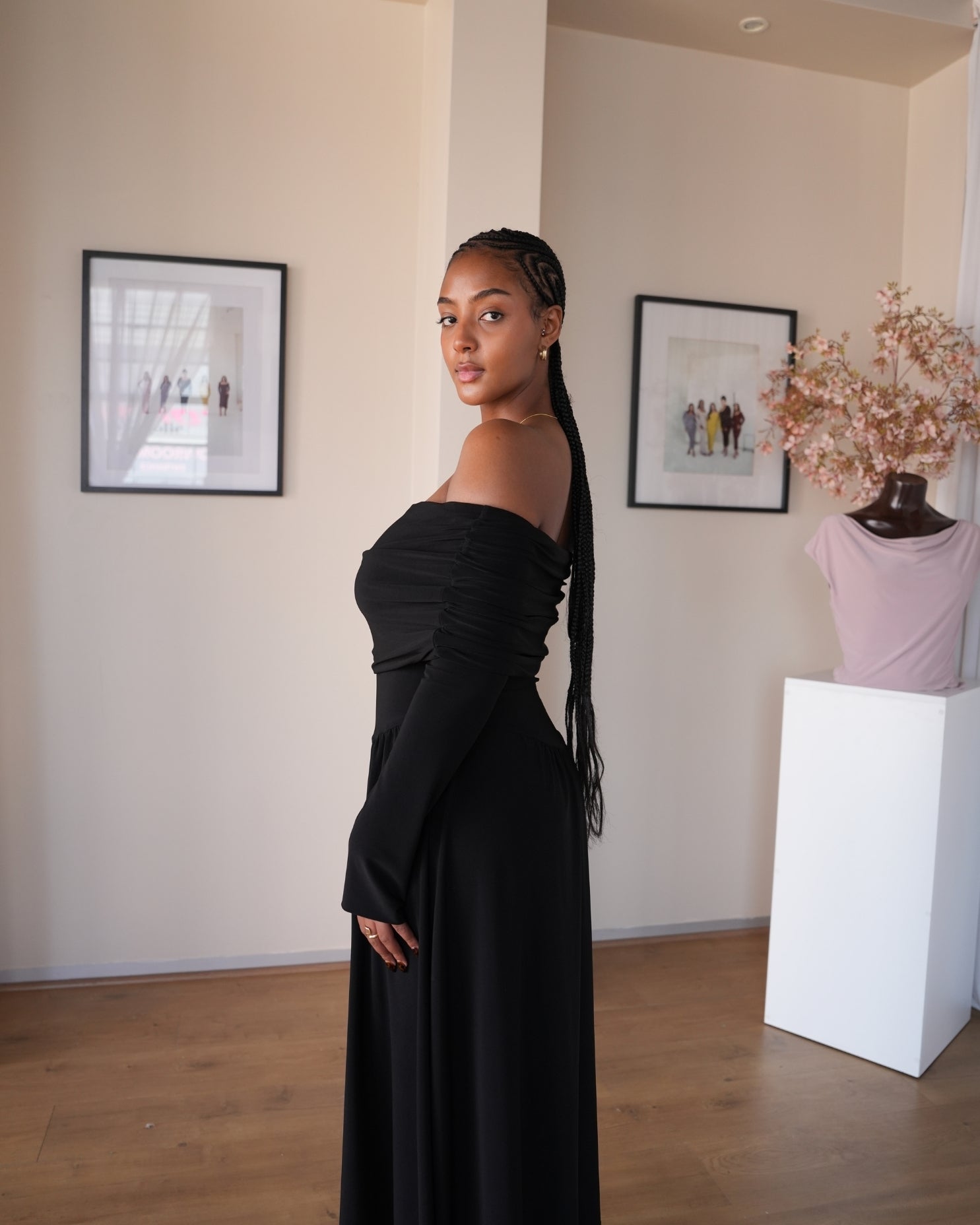 Black Long Sleeved Off-Shoulder Drop Waist Dress