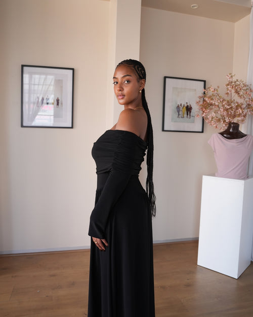Black Long Sleeved Off-Shoulder Drop Waist Dress