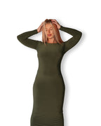 Khaki Crew-Neck Sculpted Dress with Long Sleeves