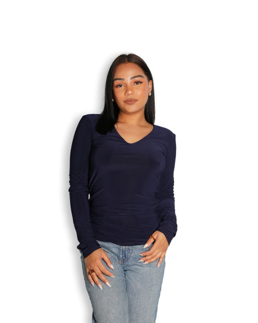 Navy Blue V-Neck Long Sleeved Top