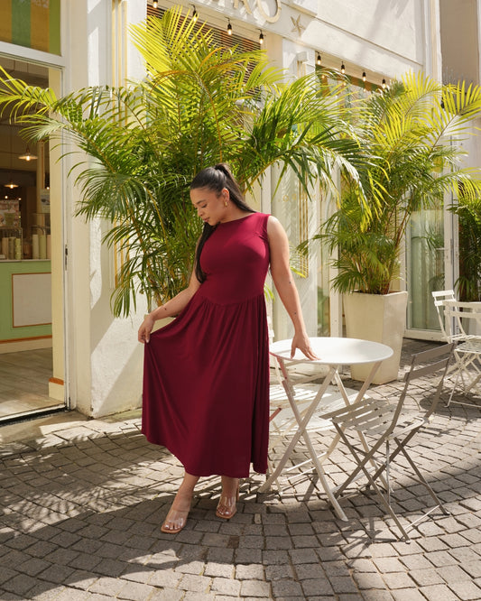 Maroon Boat Neck Drop Waist Midi Dress