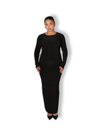 Black Crew-Neck Sculpted Dress with Long Sleeves
