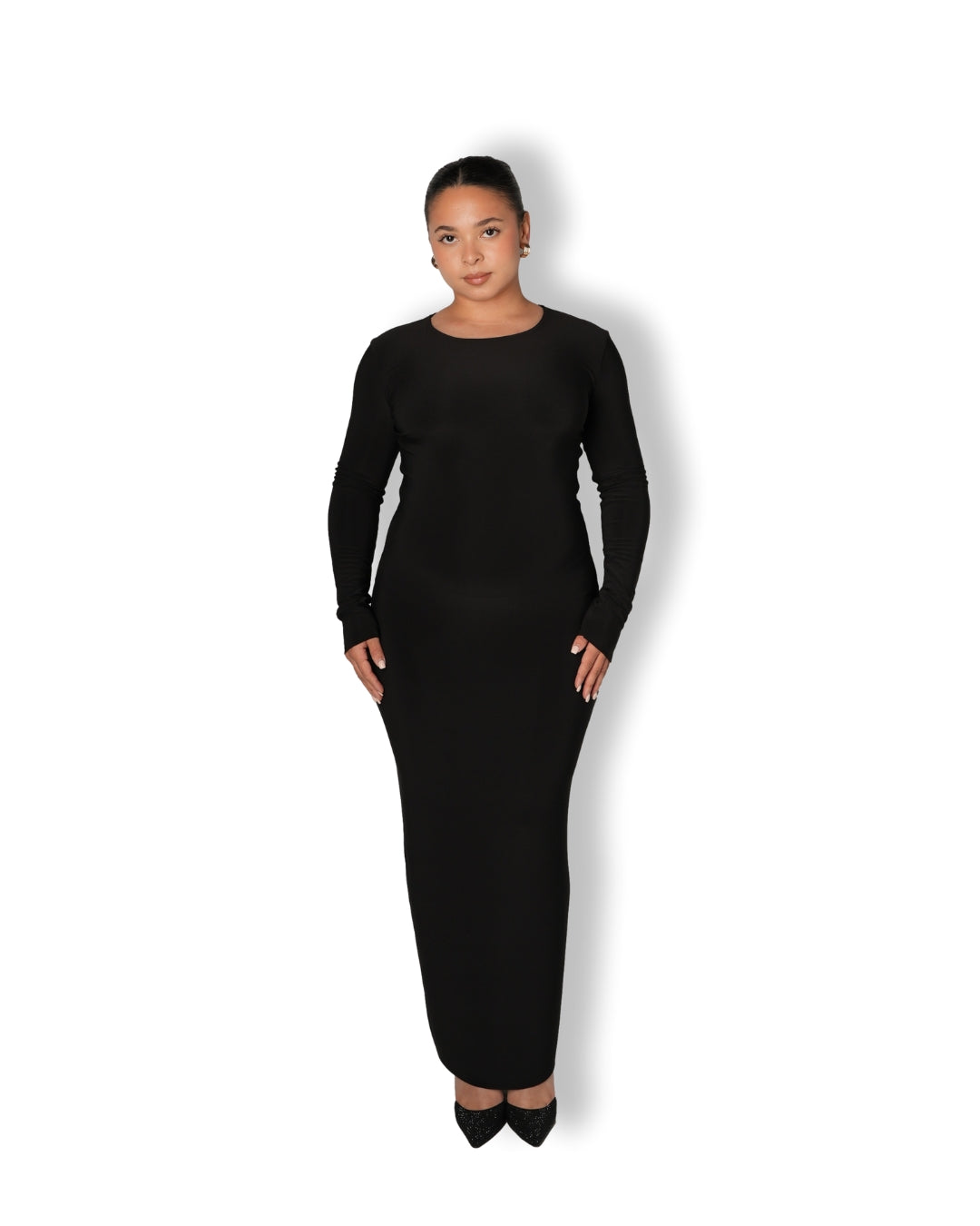 Black Crew-Neck Sculpted Dress with Long Sleeves