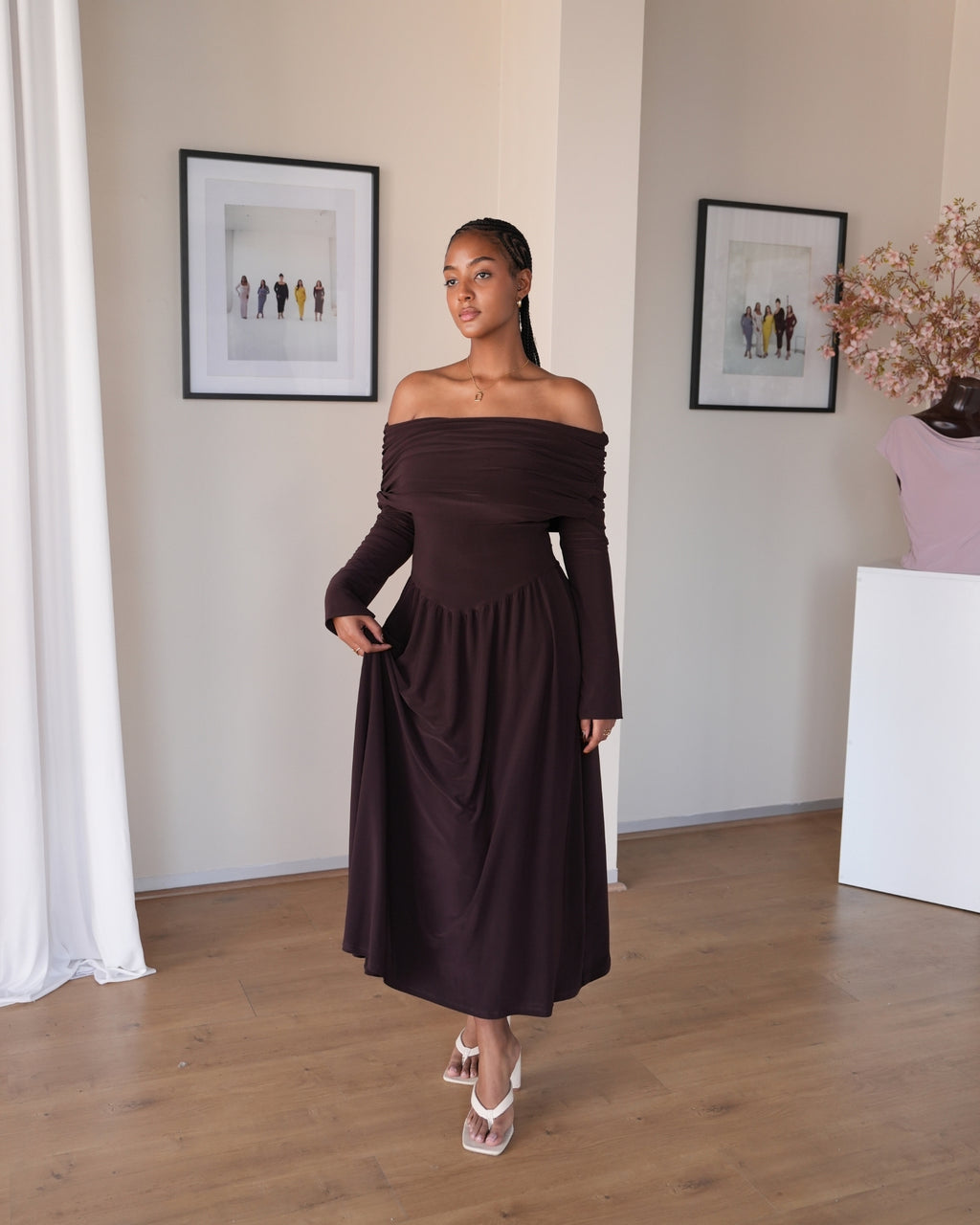 Chocolate Brown Long Sleeved Off-Shoulder Drop Waist Dress