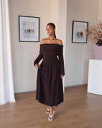 Chocolate Brown Long Sleeved Off-Shoulder Drop Waist Dress