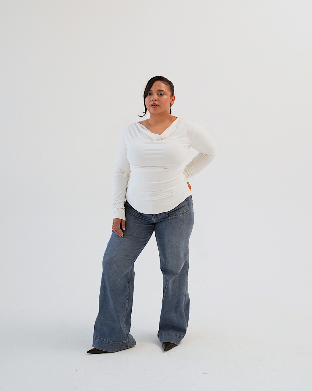 Cream Long Sleeved Cowl Neck Top